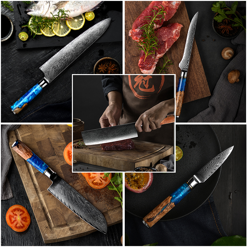Damaskinis virtuvinis peilis SH-39331 - Chef / Mėlyna
